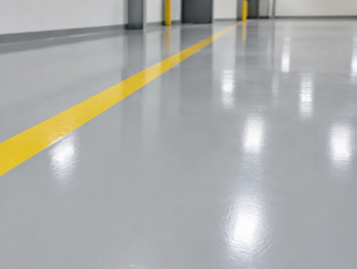 Seamless light gray industrial epoxy floor with a yellow safety line